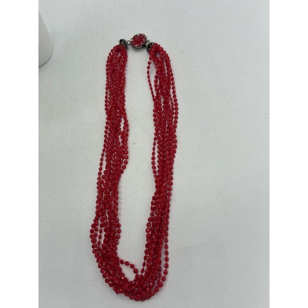 Vintage Multi Strand Red Faceted Bead Necklace Ornate Filigree Flower Clasp Long - Picture 3 of 5